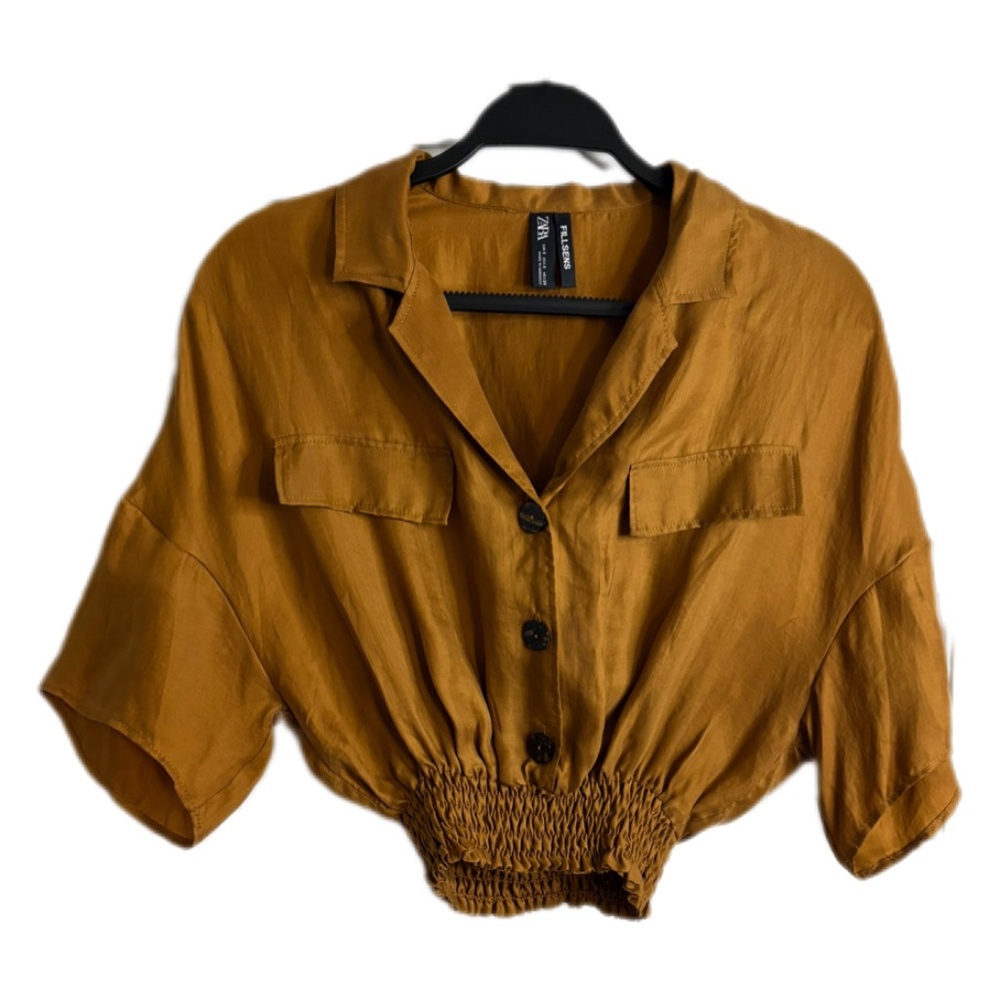 Zara Fillsens Women’s Size S Semi Crop Top/Blouse/Shirt Tan/Brown Ciniched Waist - Picture 3 of 6